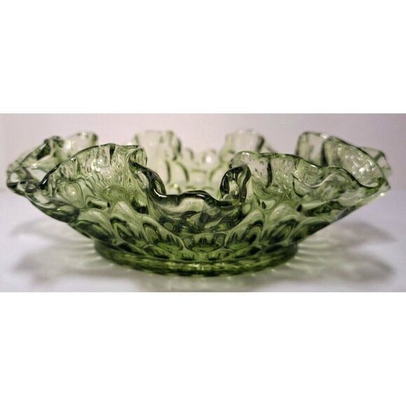 Vintage Fenton Colonial Green Ruffle Edge Thumbprint Pattern Glass Bowl - Picture 2 of 6